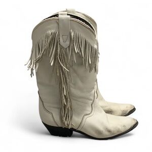 Vintage Acme White Leather Fringe Western Cowboy Cowgirl Boots